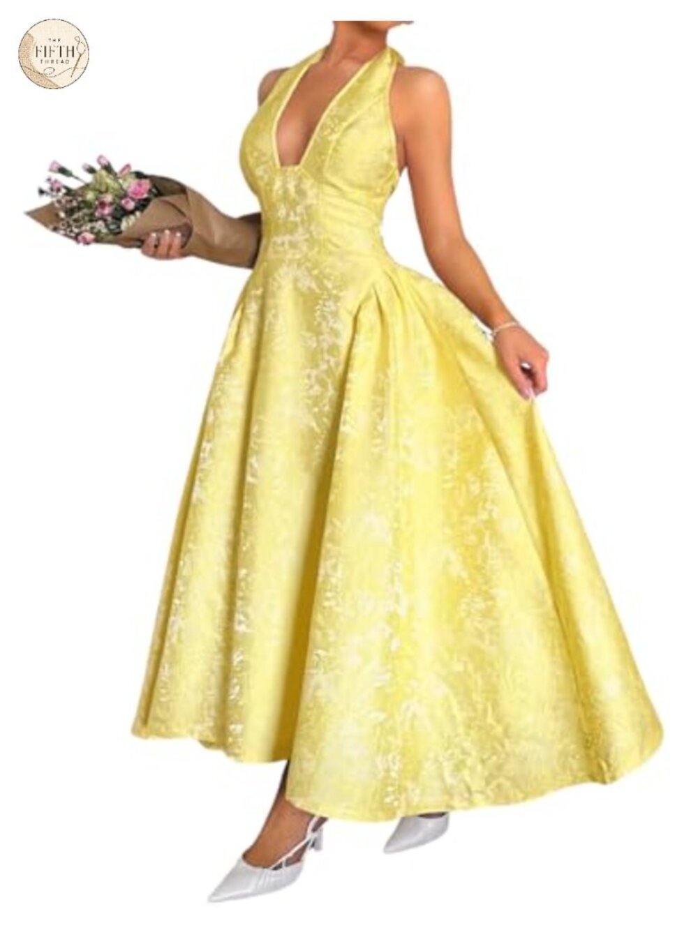 Jacquard Maxi Dress V Neck A Line Backless Halter Corset Formal